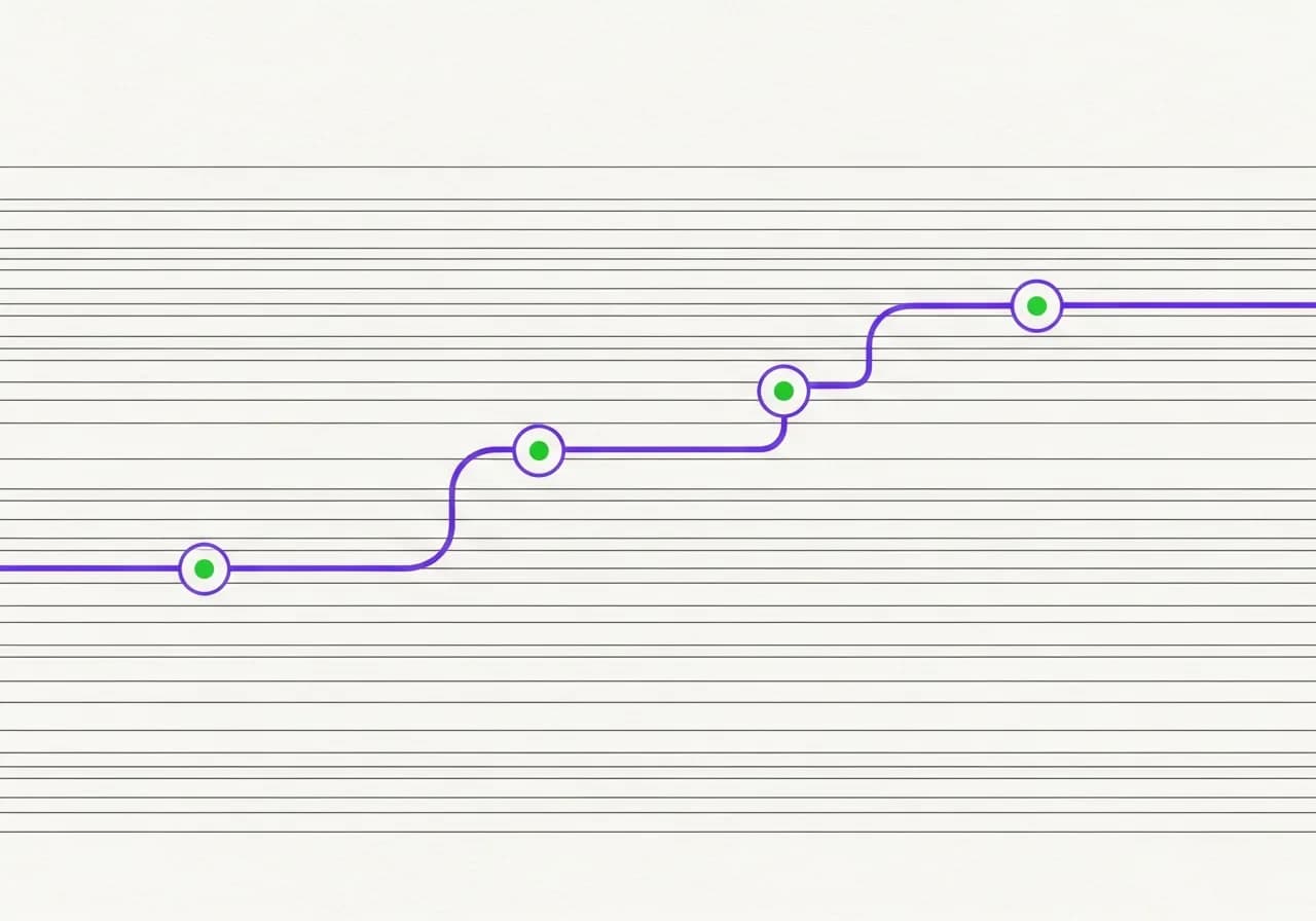 Abstract illustration of a violet path threading through ringed checkpoints across a field of fine ledger lines