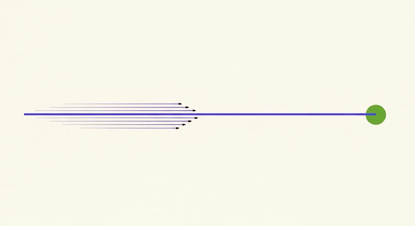 Abstract illustration of a bold violet line with motion streaks ending at a green circle