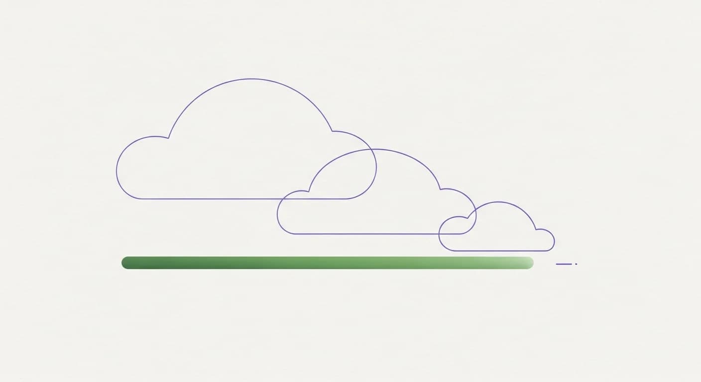 Abstract illustration of violet cloud shapes shrinking along a baseline with a green line descending beneath them