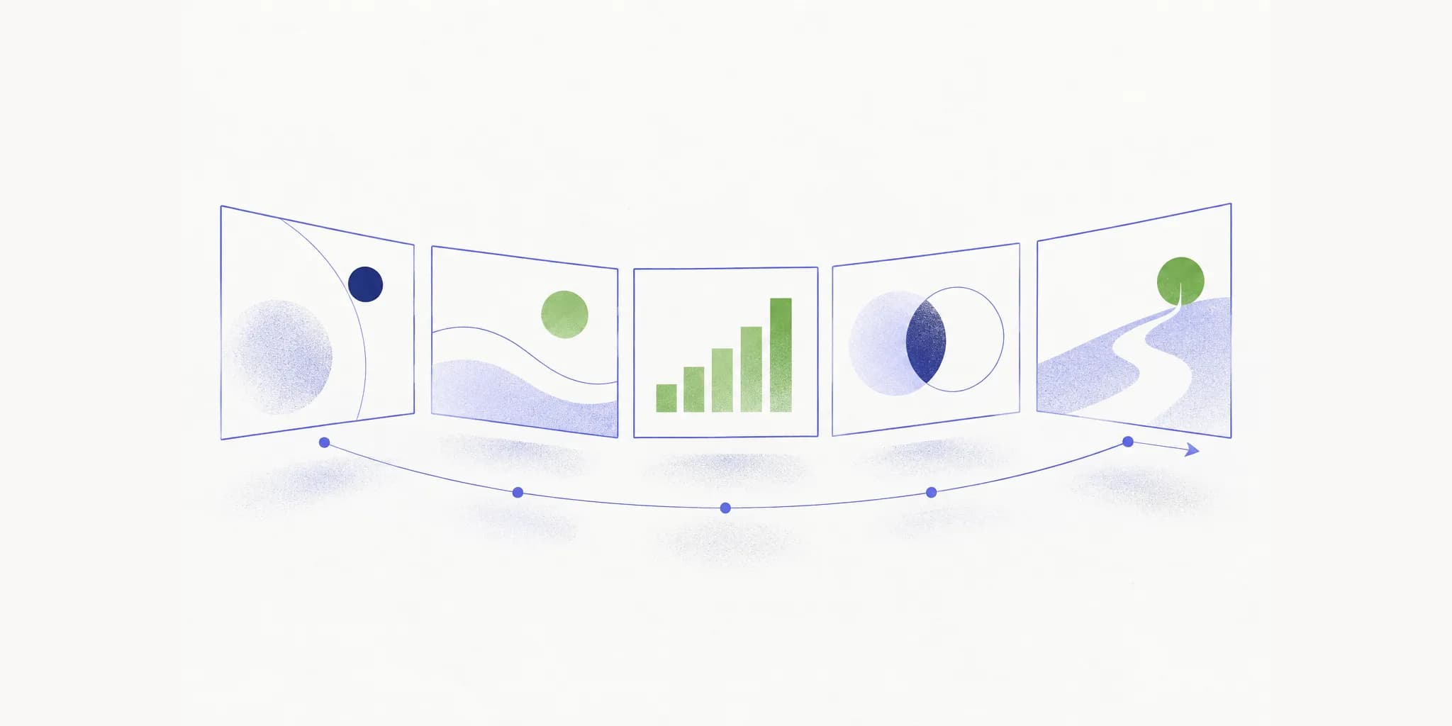 Illustration of five presentation slides in a storyboard arc, one showing rising green bars