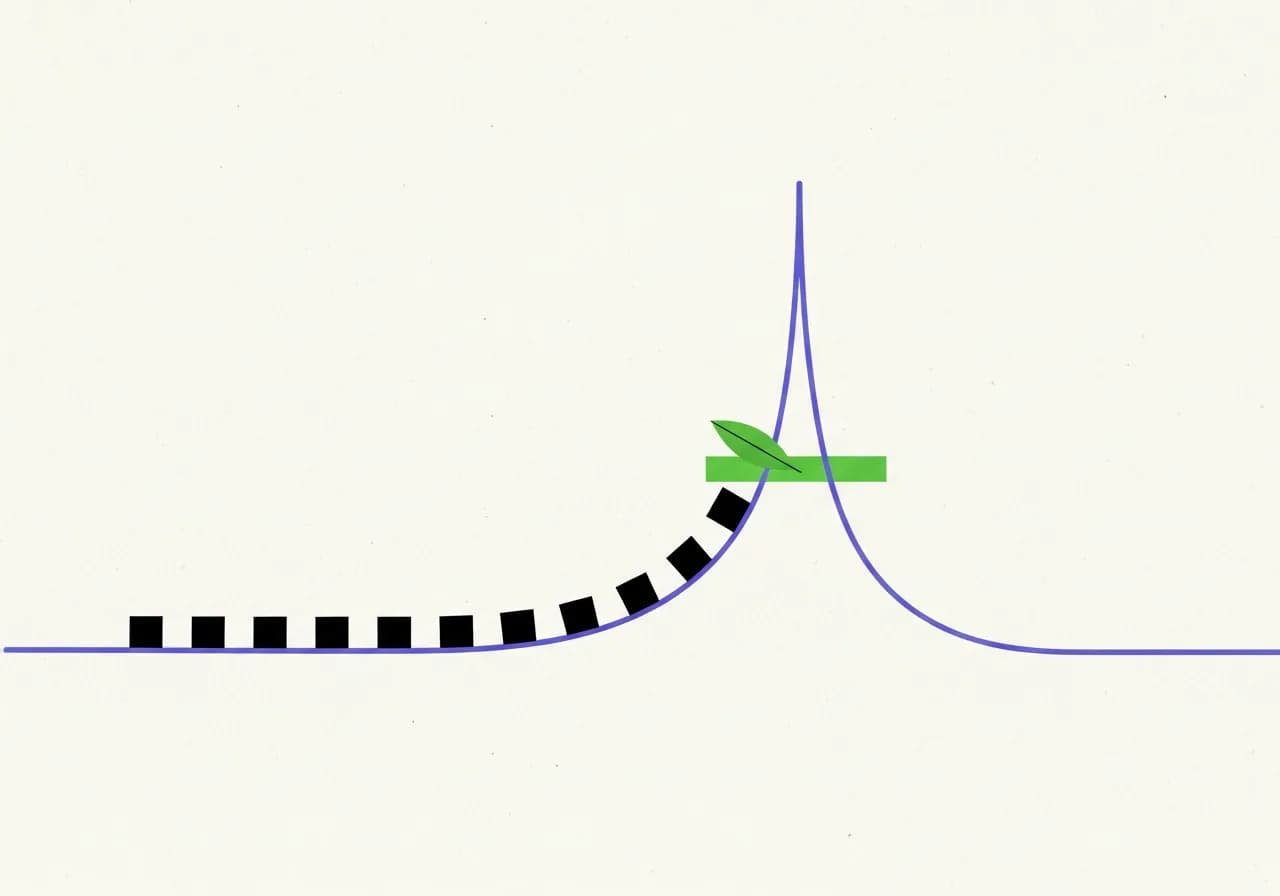 Abstract illustration of a violet line rising into one tall peak with small cubes riding evenly along it