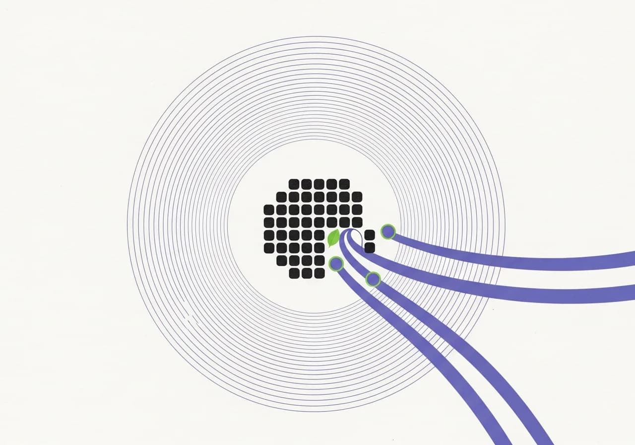 Abstract illustration of concentric protective rings around an ordered core, with lines entering through a single gateway