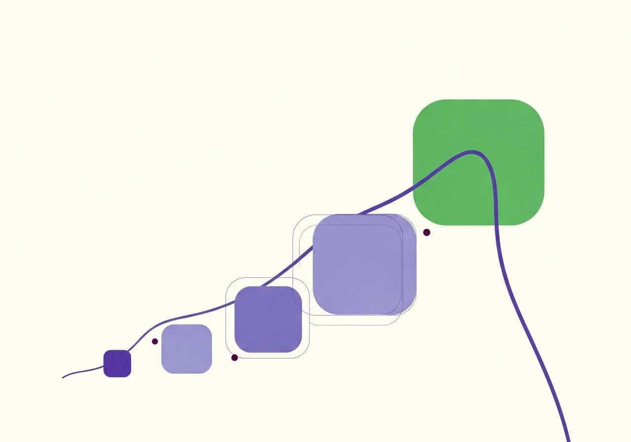 Abstract illustration of rounded squares ascending like a staircase with a violet loop line circling back to the base