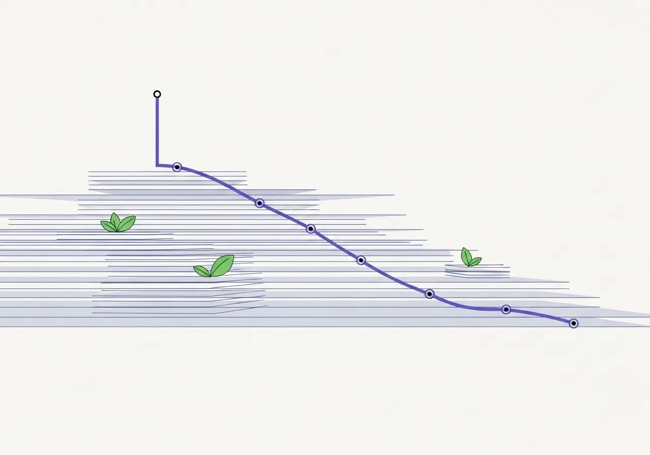 Abstract illustration of terraced infrastructure layers with a violet cost curve stepping downward across them
