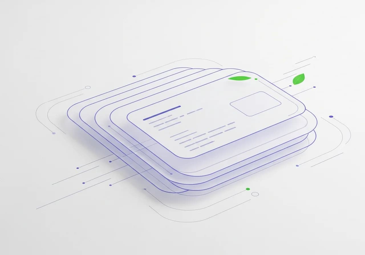 Abstract illustration of layered interface panels in violet and ink with fine motion lines sweeping through them
